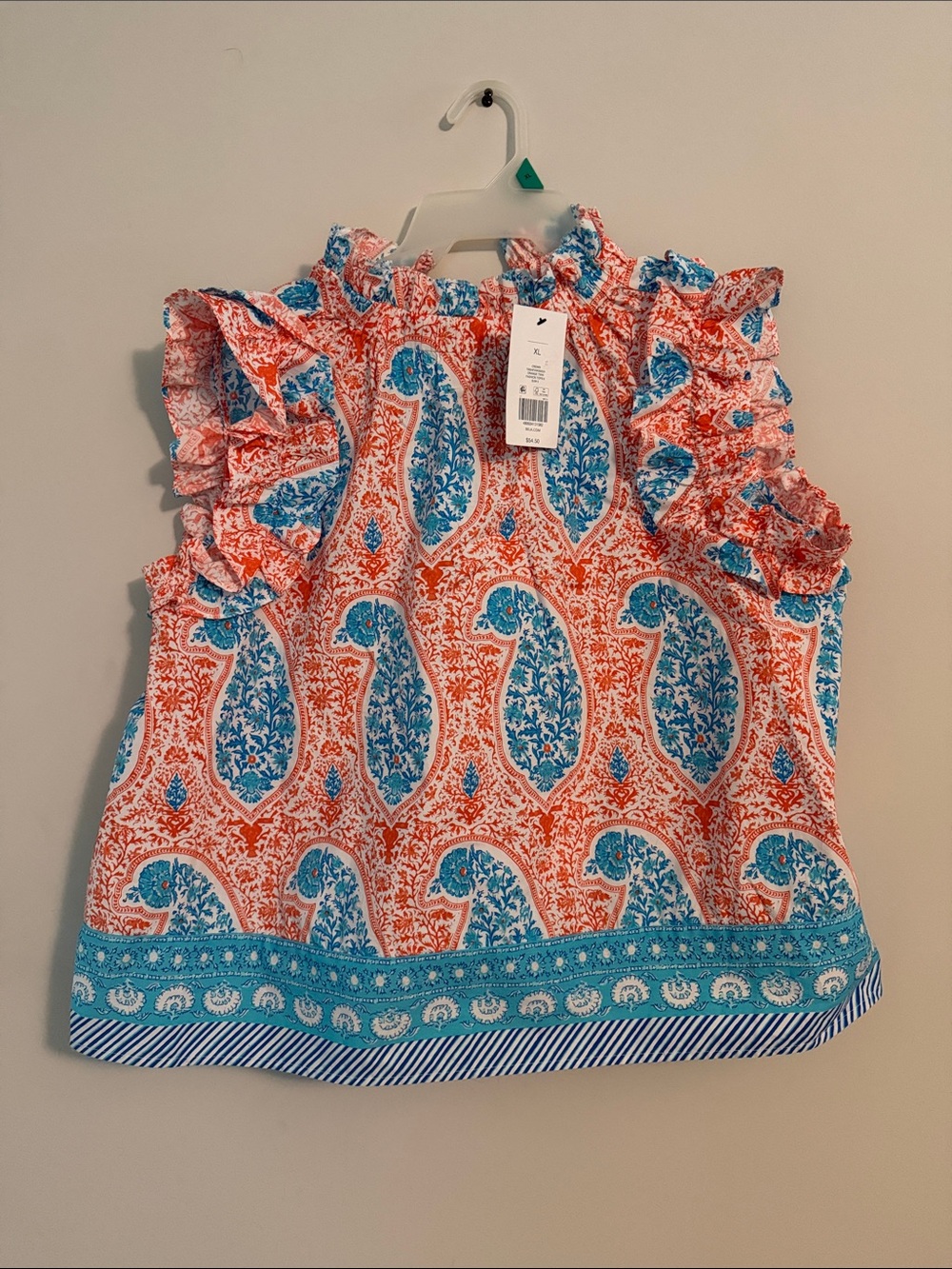 Woman’s Ruffled Paisley Tank Top - Orange & Blue